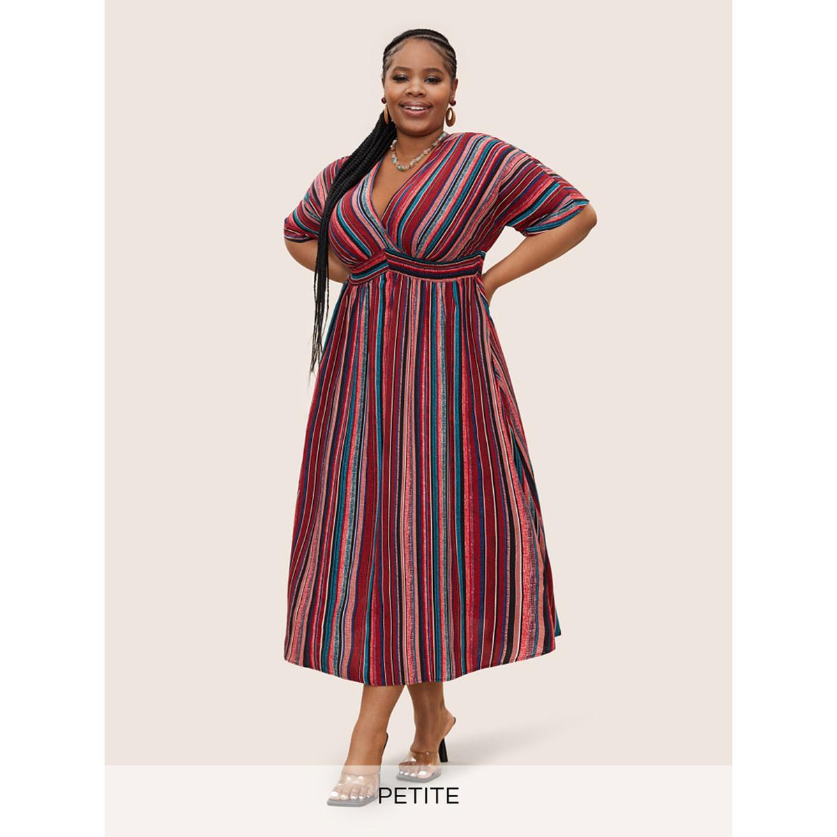 Plus Size Striped Contrast Dolman Sleeve Shirred Pocket Split Flutter Dress Rosered Women Resort Non V-neck Half Sleeve Curvy BloomChic 10/M Product Image
