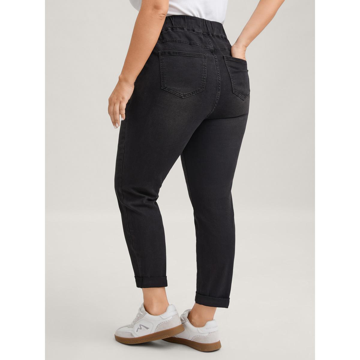 Plus Size Drawstring Elastic Waist Roll Hem Jeans Women Black Leisure Plain Drawstring High stretch Slanted pocket Jeans BloomChic 24/3X Product Image