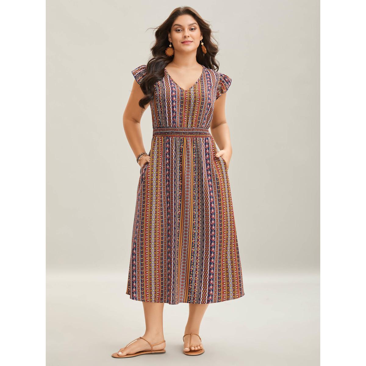 Plus Size Sunny Stripes Pockets Shirred Midi Dress Multicolor Women Boho V-neck Cap Sleeve Curvy BloomChic 18-20/2X Product Image