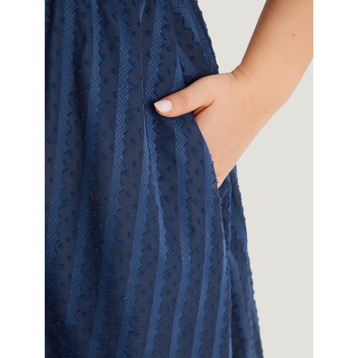 Plus Size Plain Textured Geometric Pocket Puff Sleeve Mesh Dress DarkBlue Women Elegant See through Round Neck Short sleeve Curvy Midi Dress BloomChic 22-24/3X Product Image