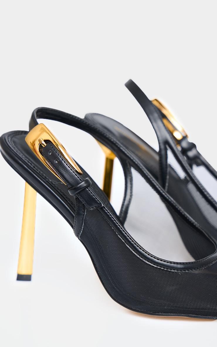 Black Mesh Gold Buckle Point Toe Court Heels Product Image