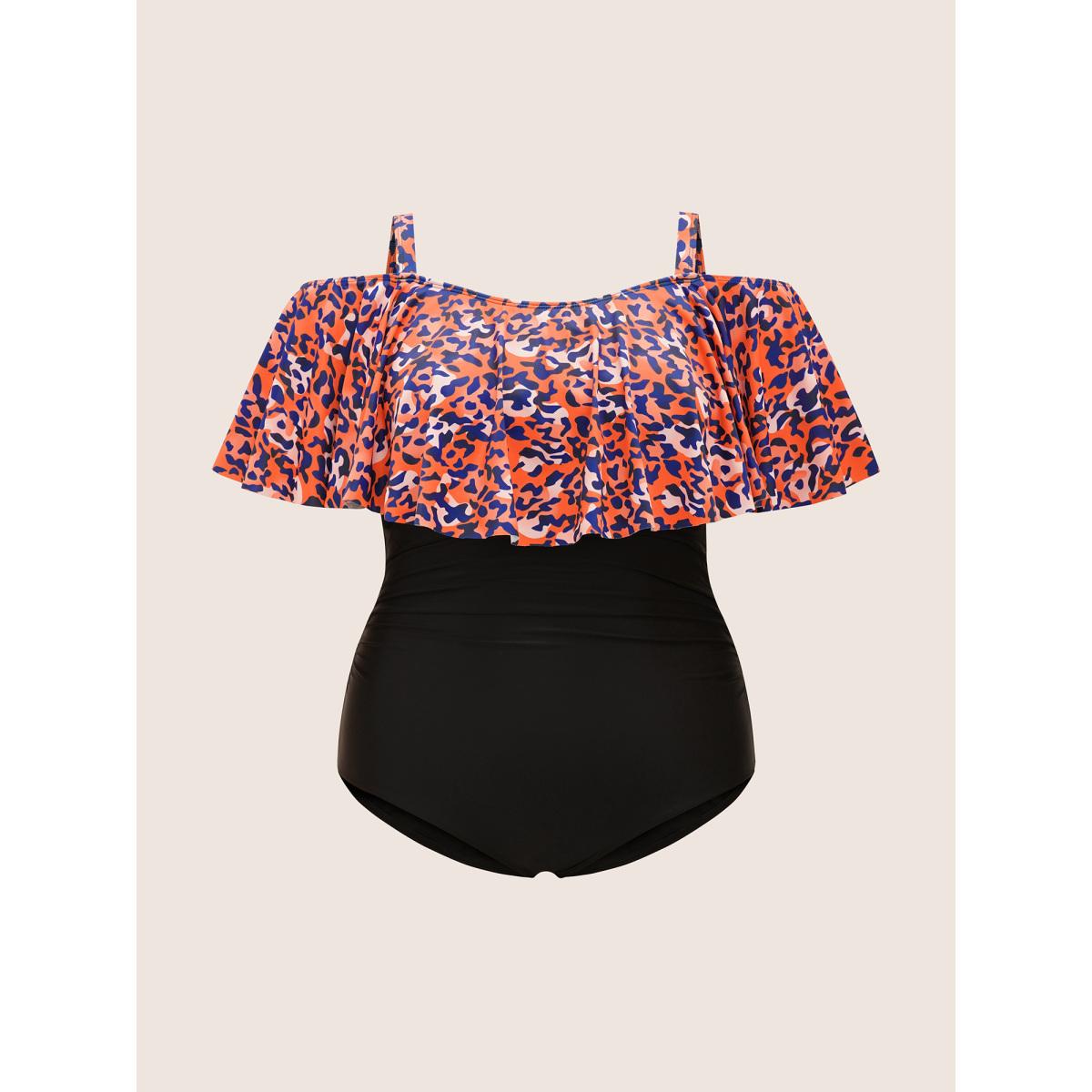 Plus Size Leopard Patchwork Cold Shoulder One Piece Swimsuit Women's Swimwear OrangeRed Beach Gathered Curve Bathing Suits High stretch One Pieces BloomChic 28/5X Product Image