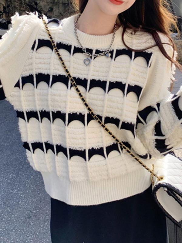 Contrast Color Jacquard Crew Neck Sweater Product Image