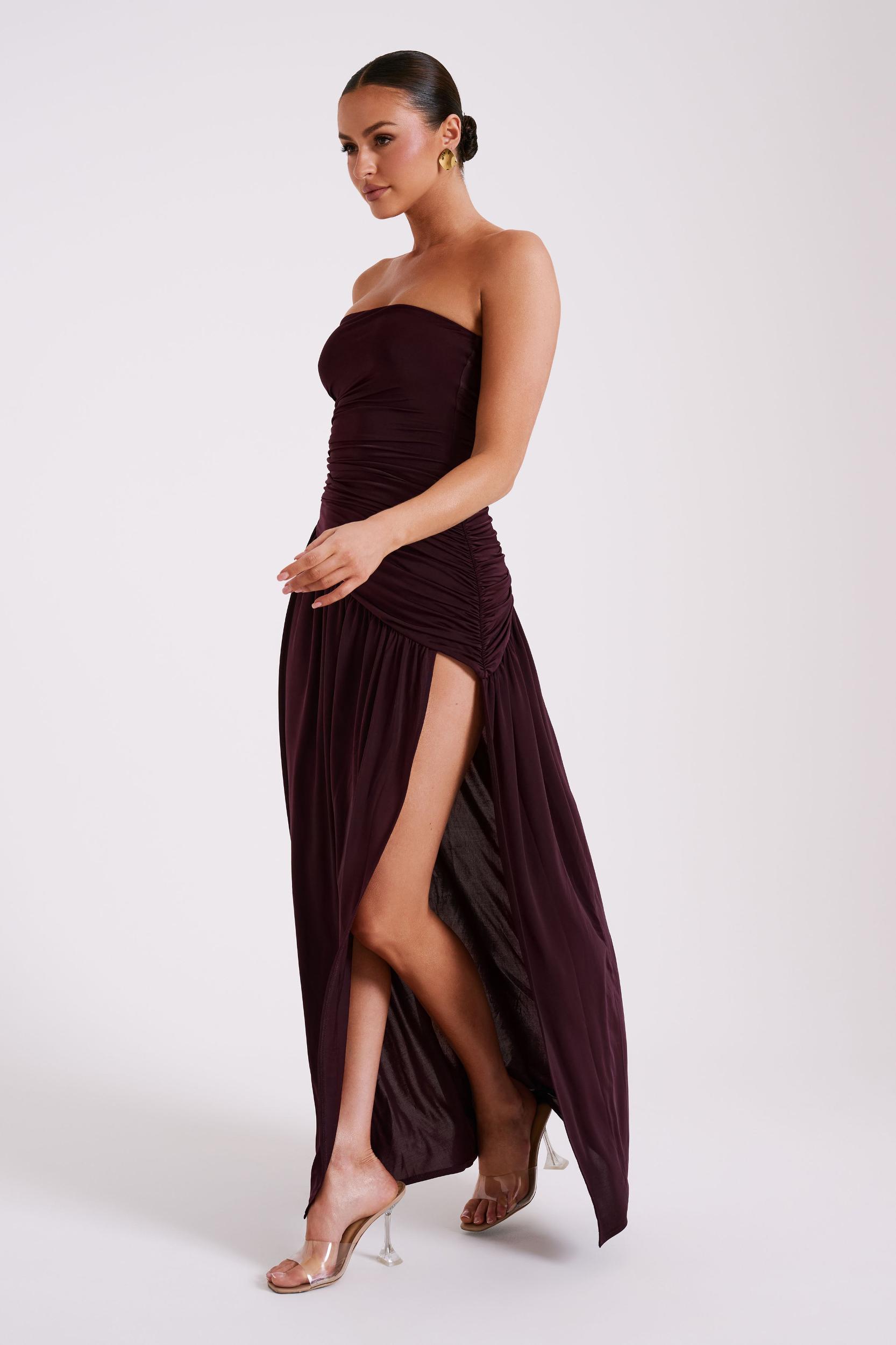 Bex Strapless Slinky Maxi Dress With Split - Burgundy Product Image