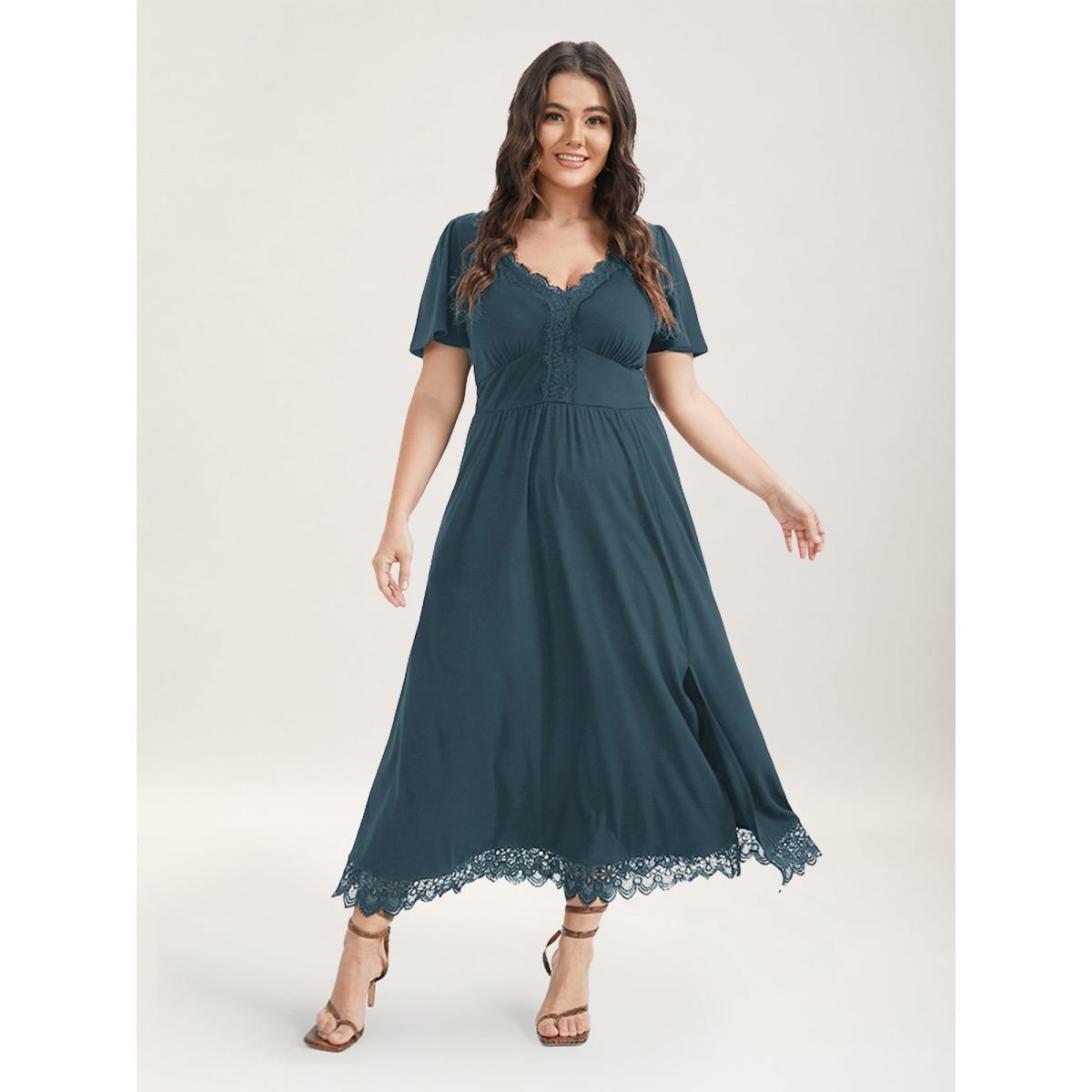Plus Size Solid Pocket Contrast Lace Split Maxi Dress Aegean Women Romantic Patchwork V-neck Short sleeve Curvy Long Dress BloomChic 26/4X Product Image