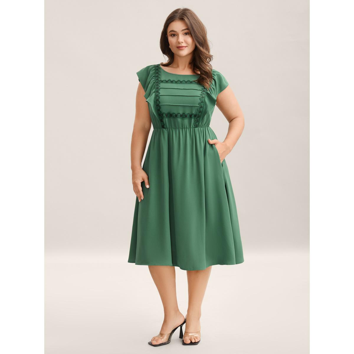 Plus Size Lace Trim Pleated Ruffled Sleeve Midi Dress Emerald Women Round Neck Sleeveless Curvy BloomChic 12/L Product Image