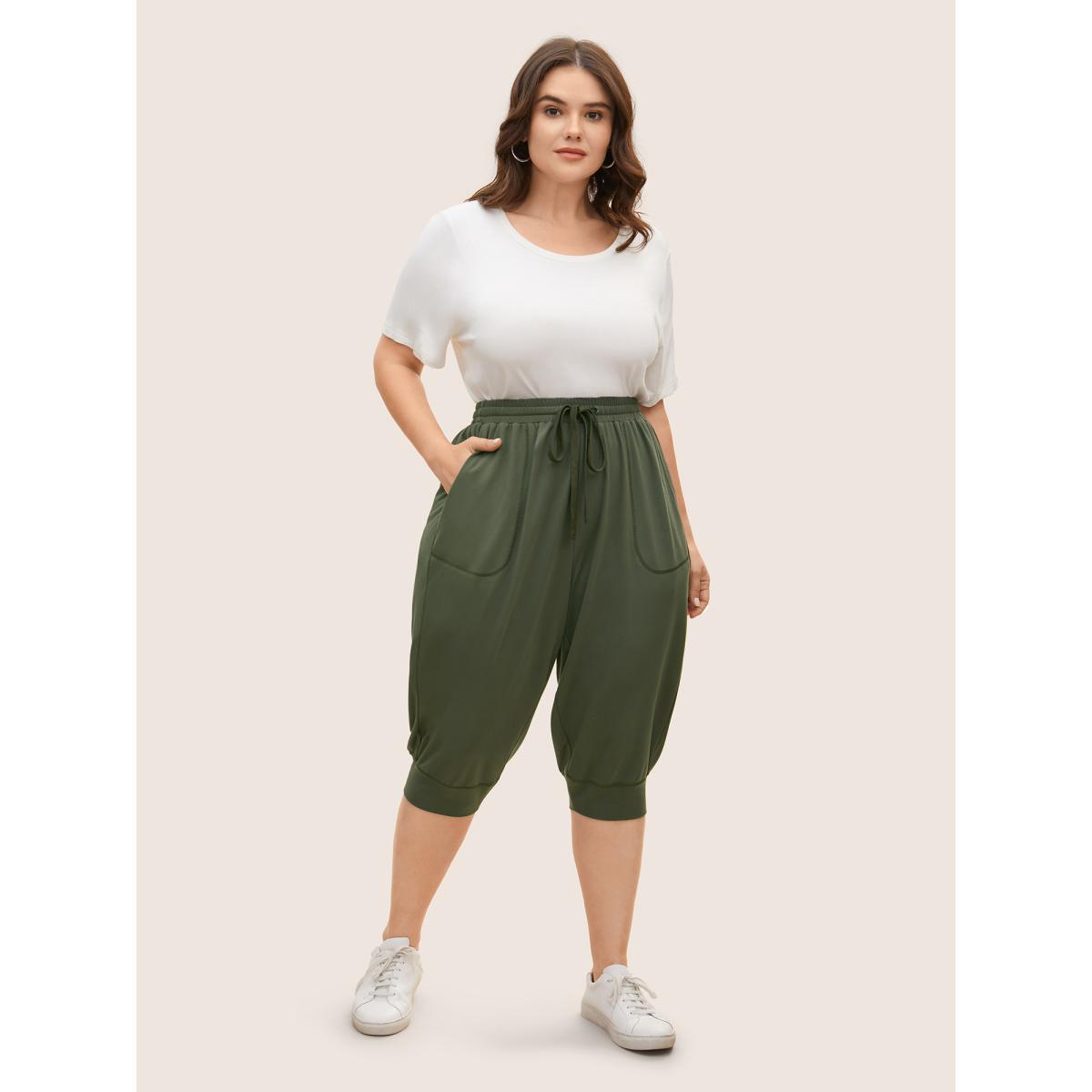 Plus Size Solid Drawstring Topstitching Mid Rise Carrot Pants Women ArmyGreen Casual Mid Rise Everyday Pants BloomChic 12/L Product Image