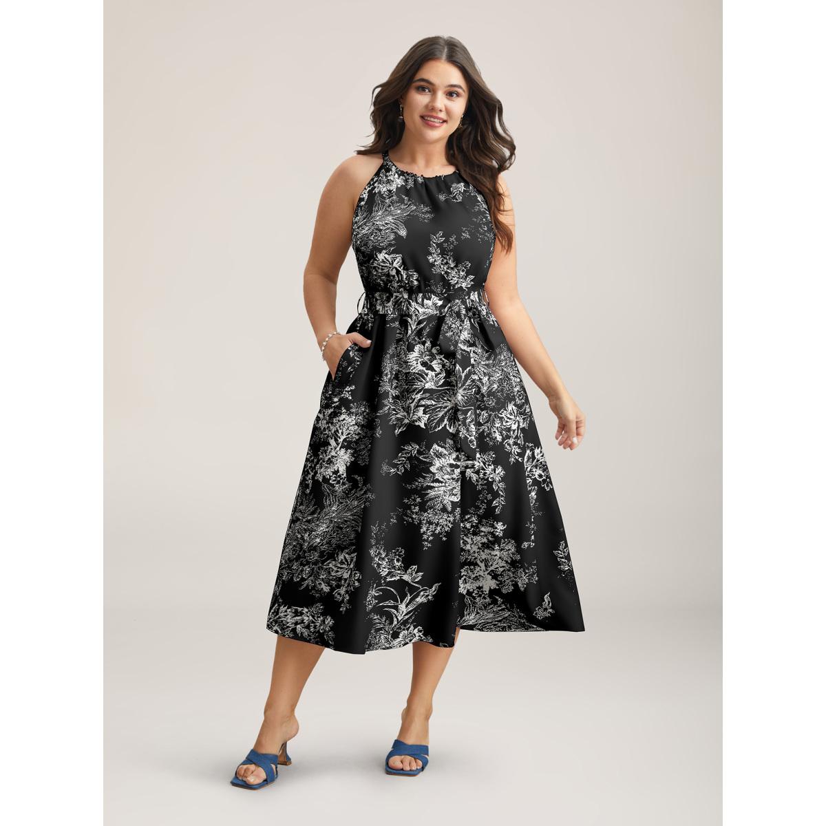 Plus Size Spring Time Florals Sleeveless Midi Dress Black Women Romantic Gathered Halter neck Sleeveless Curvy BloomChic 22-24/3X Product Image