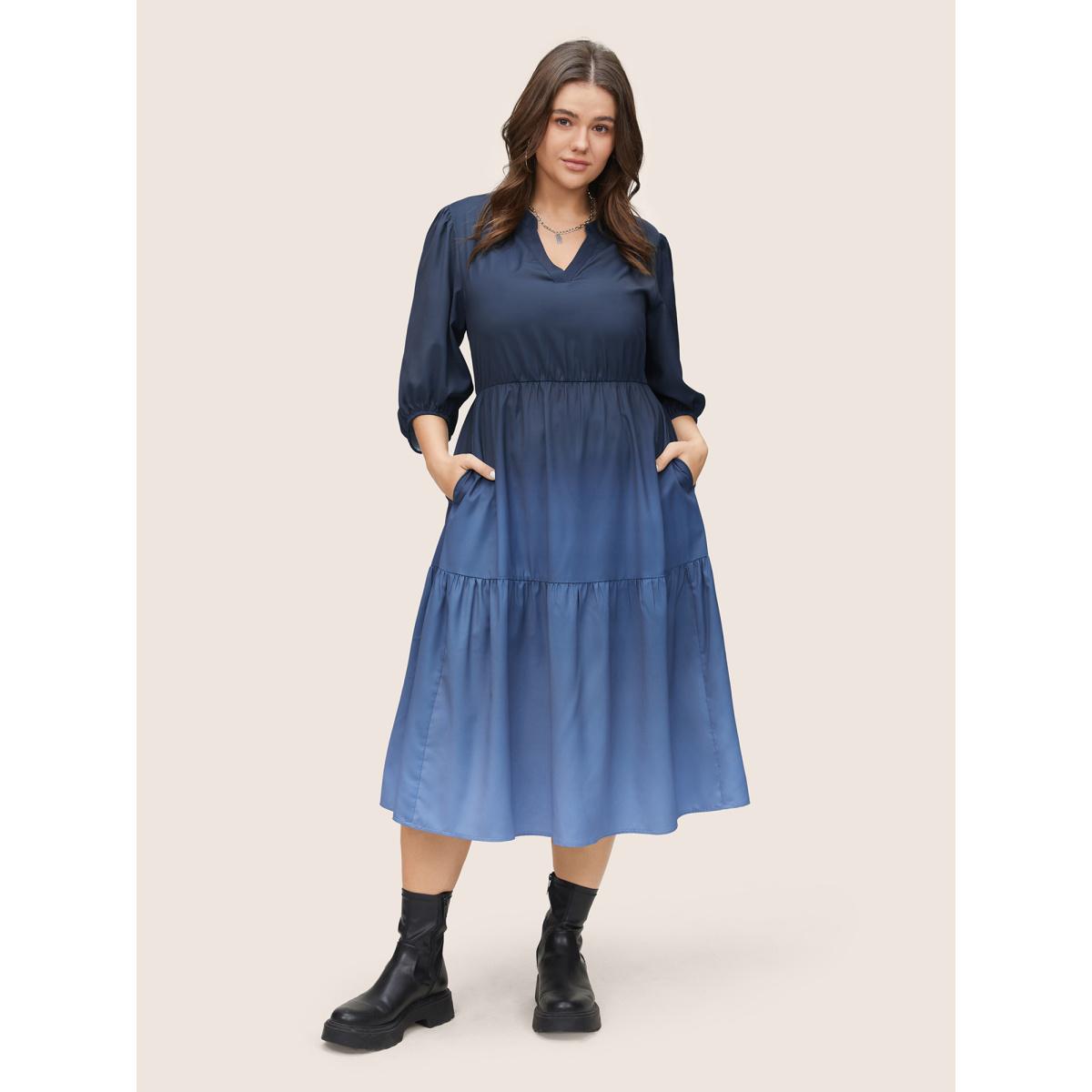 Plus Size Ombre Gathered Layered Notched Elastic Cuffs Dress Indigo Women Casual Non Notched collar Elbow-length sleeve Curvy Midi Dress BloomChic 26/4X Product Image