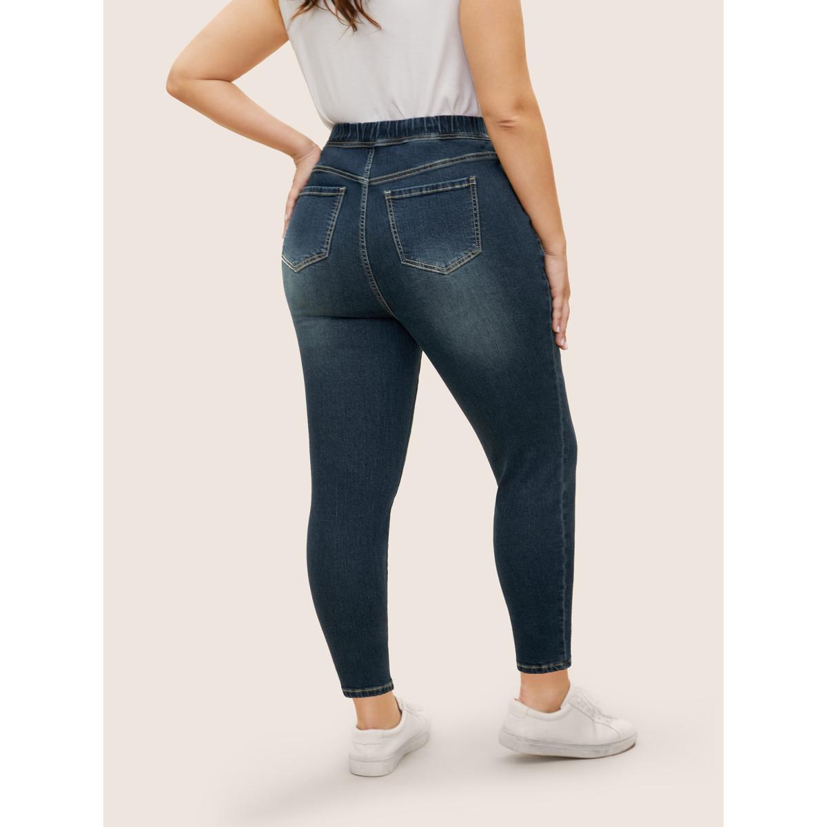 Plus Size Dark Wash Elastic Waist Slim Cropped Jeans Women Denimindigo Casual Non Medium stretch Slanted pocket Jeans BloomChic 20/2X Product Image