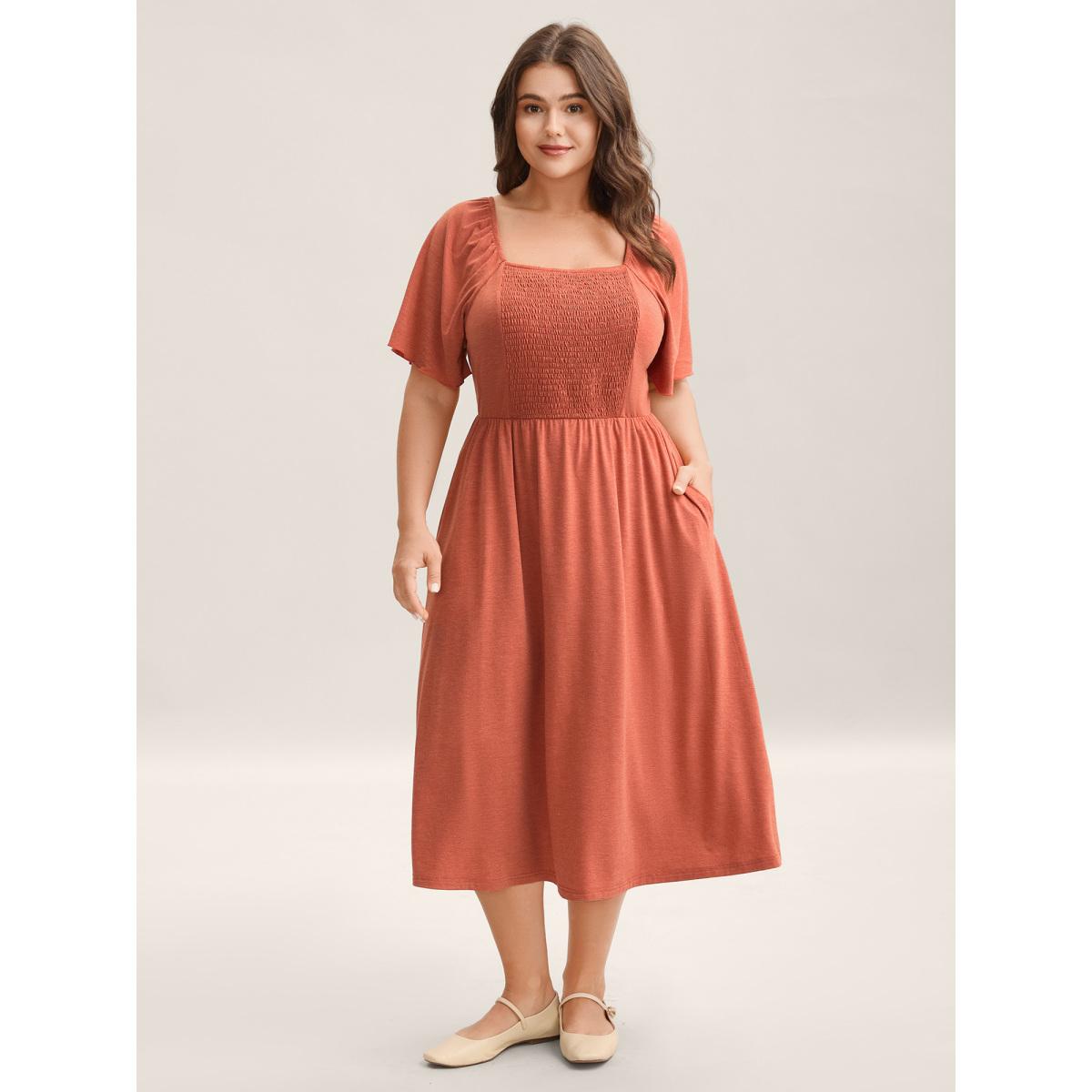 Plus Size Stretchy Shirred Back Tie-Up Midi Dress OrangeRed Women Leisure Knit Dresses Bloomchic 10/M Product Image