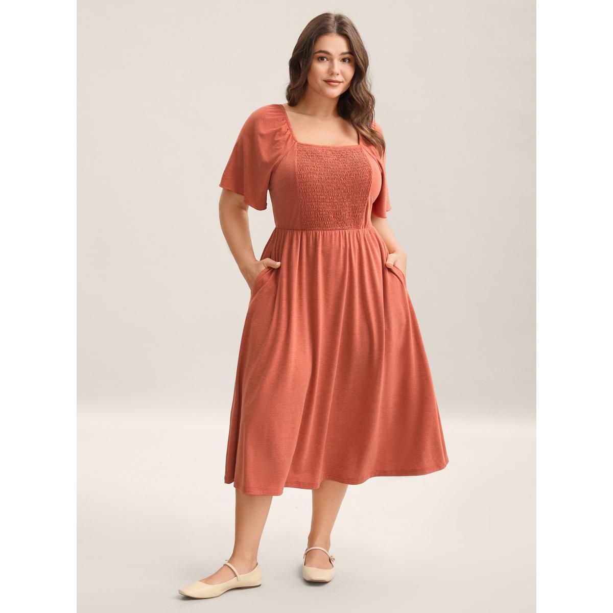 Plus Size Stretchy Shirred Back Tie-Up Midi Dress OrangeRed Women Leisure Knit Dresses Bloomchic 10/M Product Image