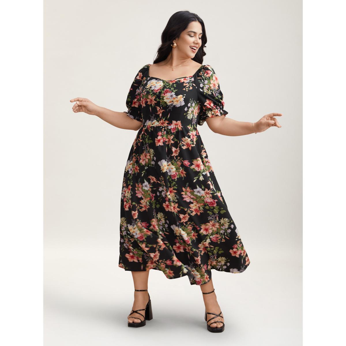 Plus Size Sweetheart Neckline Drawstring Floral Midi Dress Black Women Elegant Drawstring Heart neckline Half Sleeve Curvy BloomChic 14-16/1X Product Image