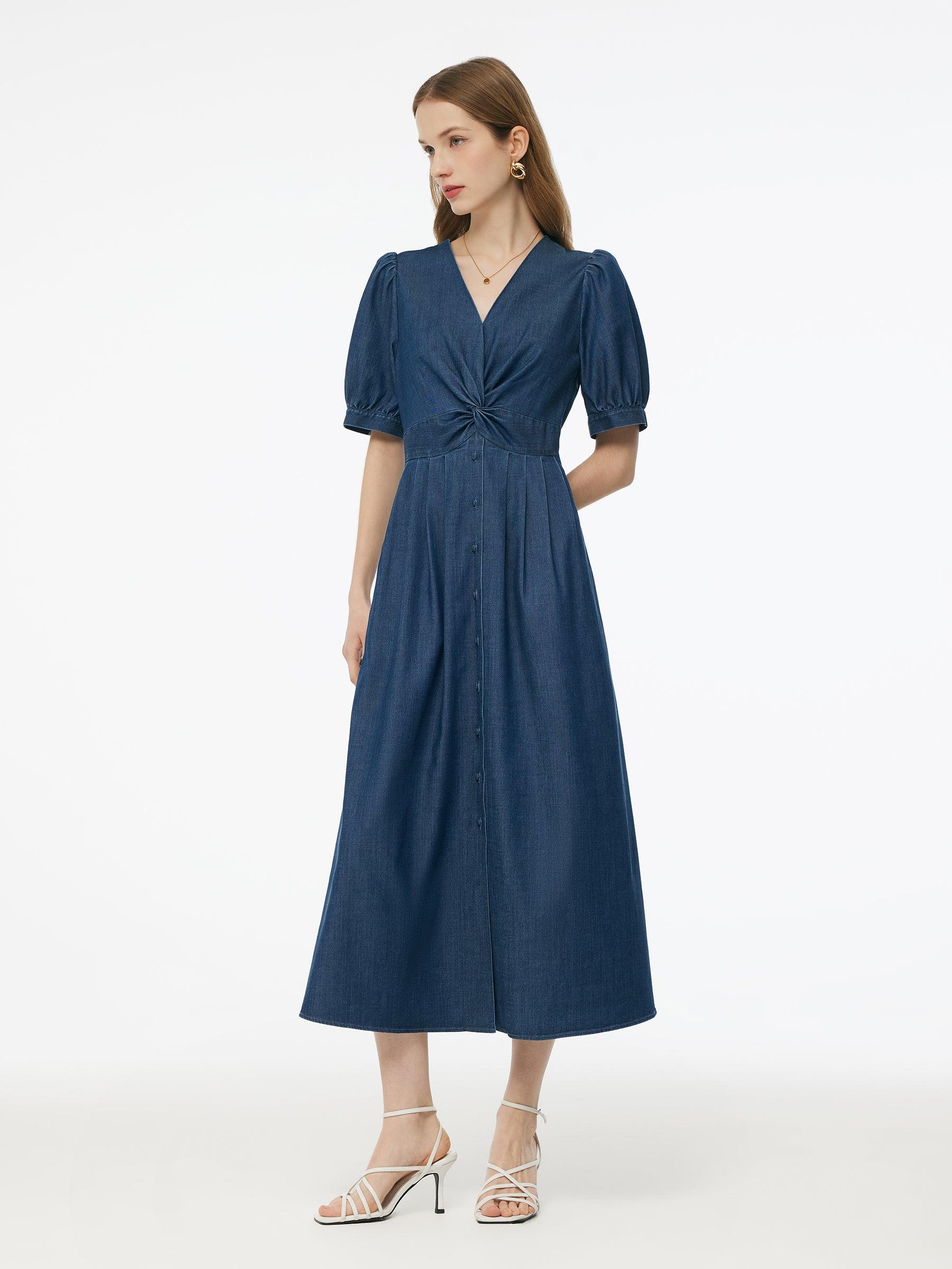 Denim Twist Front V-Neck Women Maxi Dress Product Image