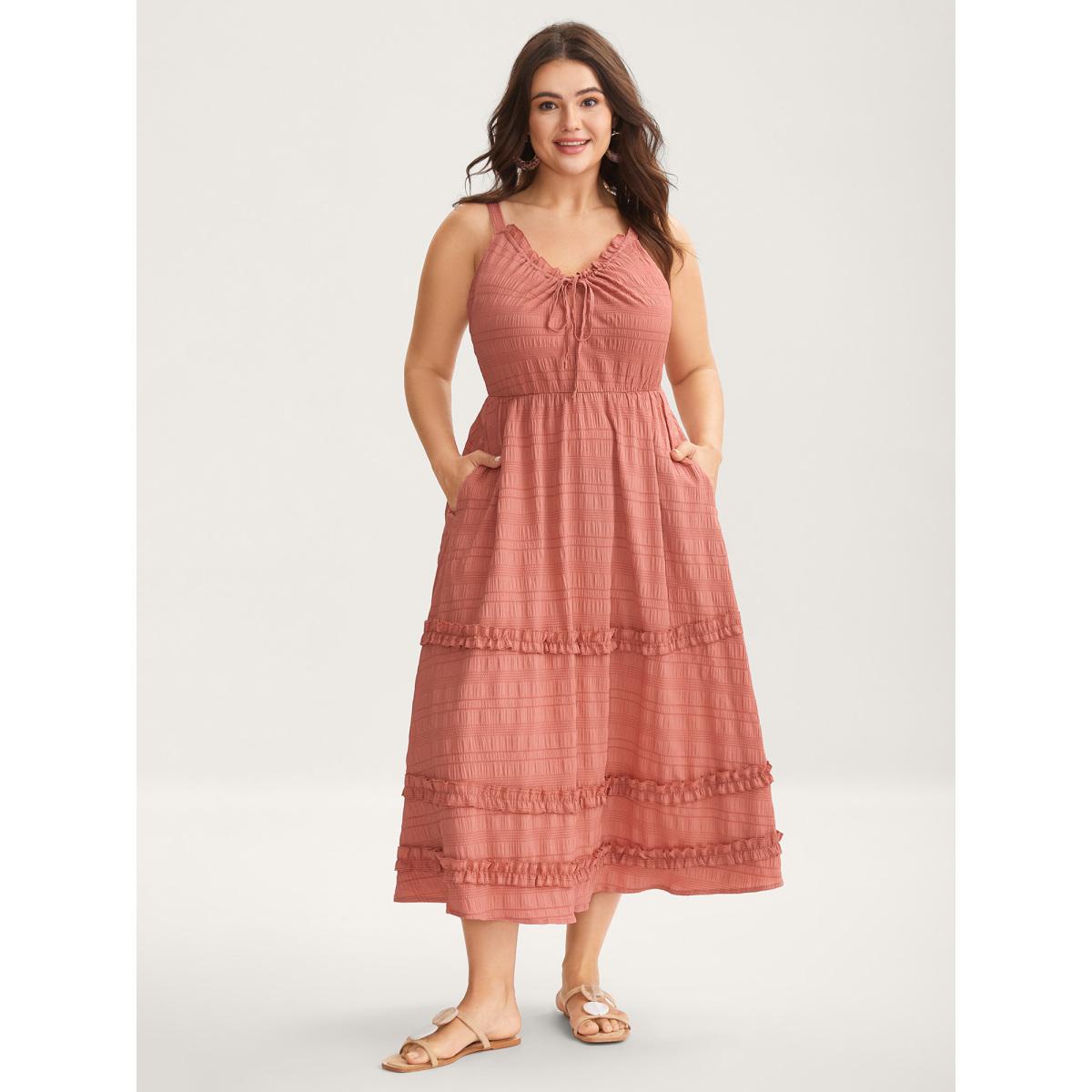 Plus Size Textured Neck-Tie Layered Pockets Midi Dress Rust Women V-neck Sleeveless Curvy BloomChic 12/L Product Image