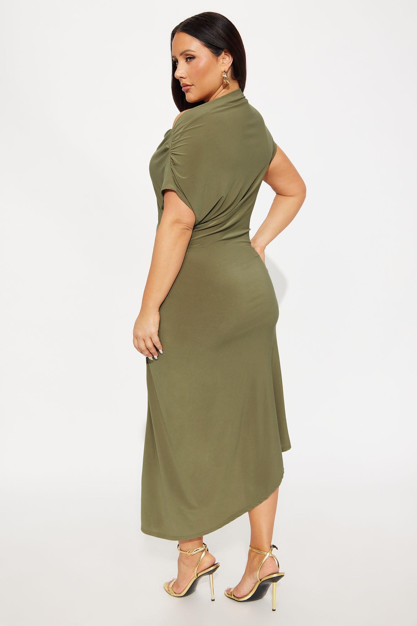 Alexia Asymmetrical Ruched Midi Dress - Olive Female Product Image