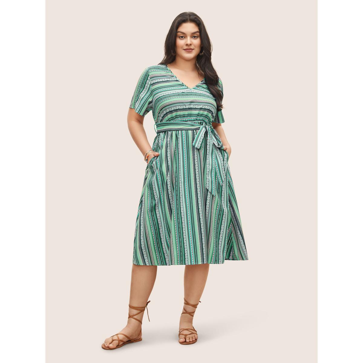 Plus Size Bandana Striped Belted Pocket Dress Malachitegreen Women Resort Non V-neck Short sleeve Curvy Midi Dress BloomChic 26/4X Product Image