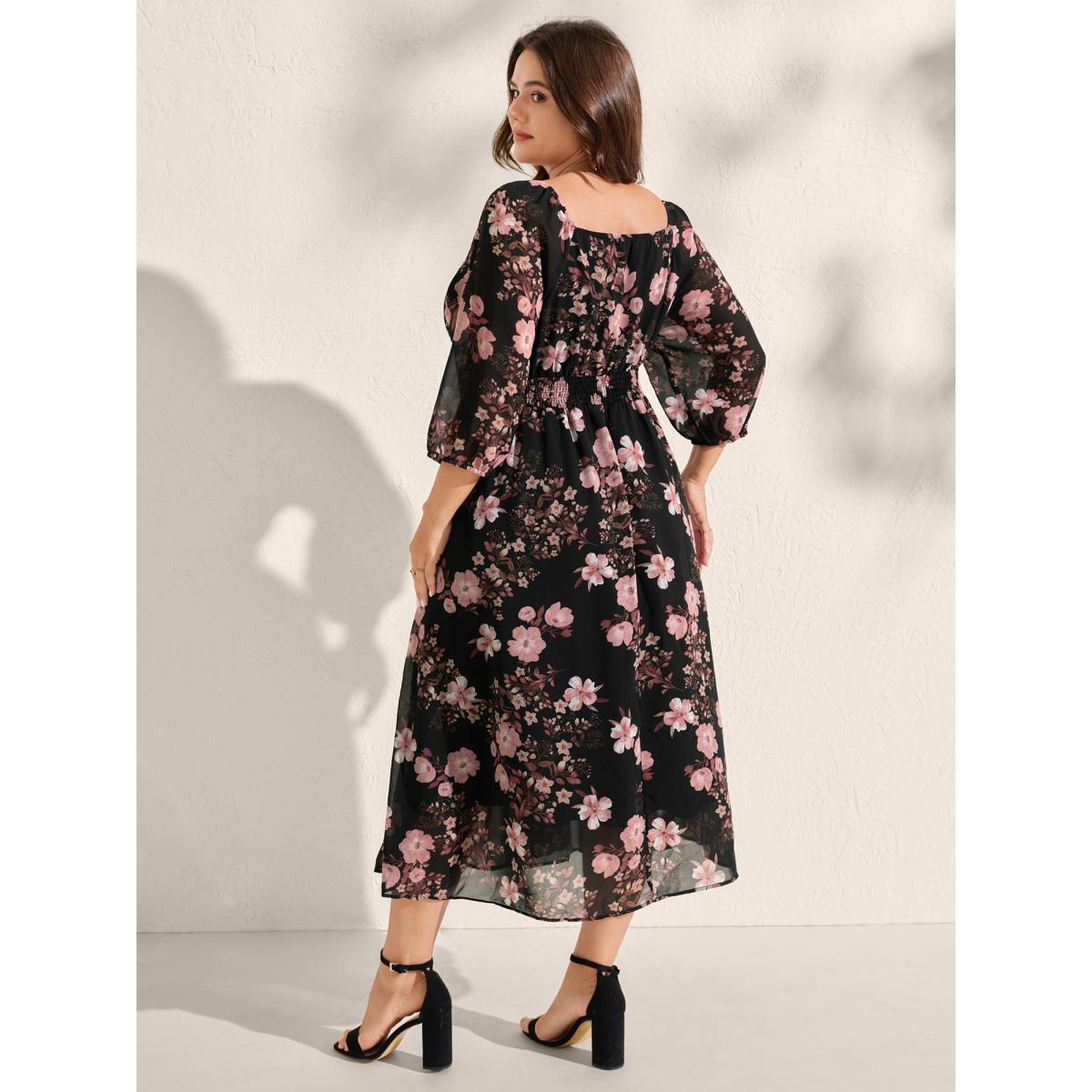 Plus Size Chiffon Floral Print Lace Trim Midi Dress Black Women Romantic Heart neckline Elbow-length sleeve Curvy BloomChic 12/L Product Image