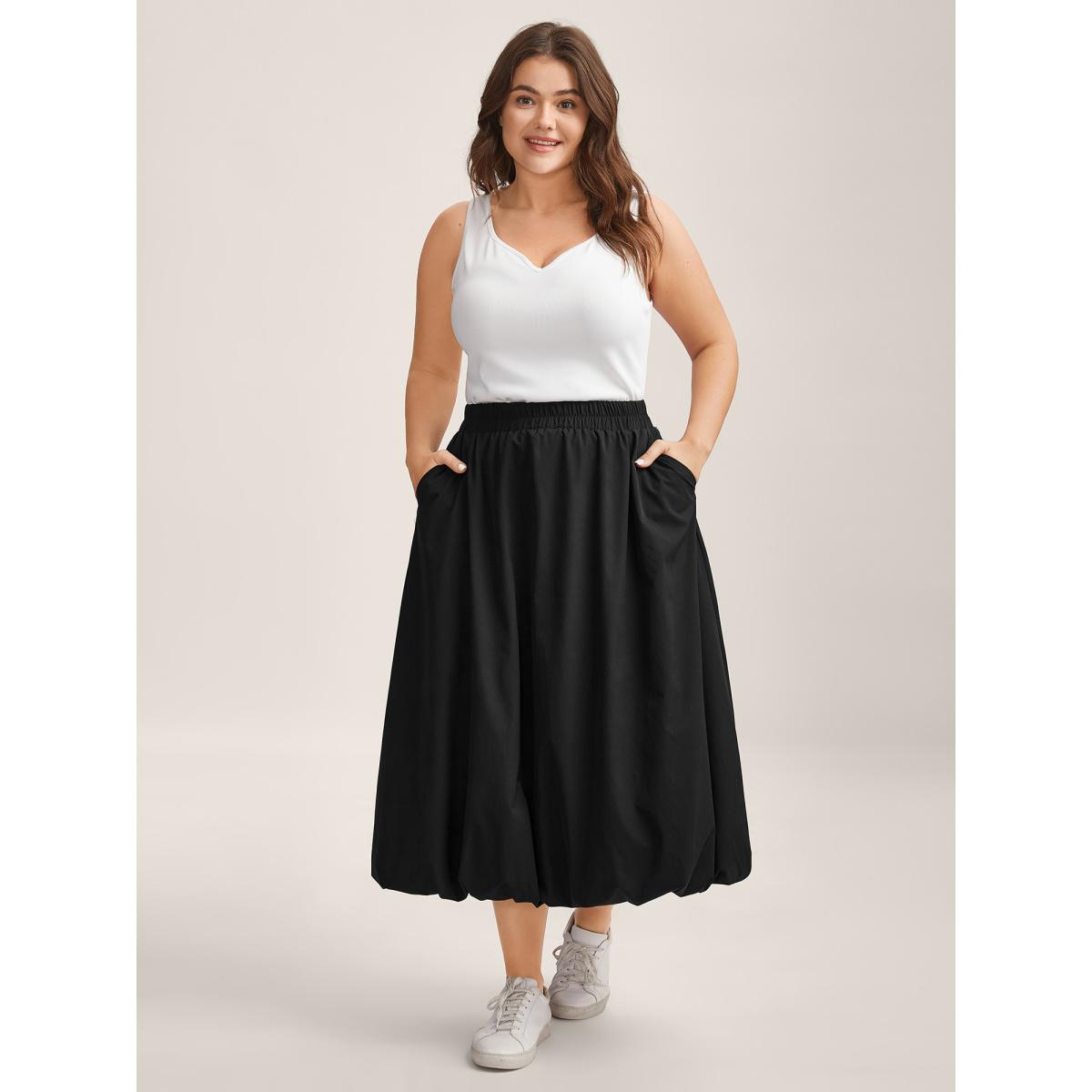 Plus Size Bubble Hem Stretch Waist Midi Skirt Women Black Loose Low stretch Side seam pocket Everyday-Casual Skirts BloomChic 18-20/2X Product Image
