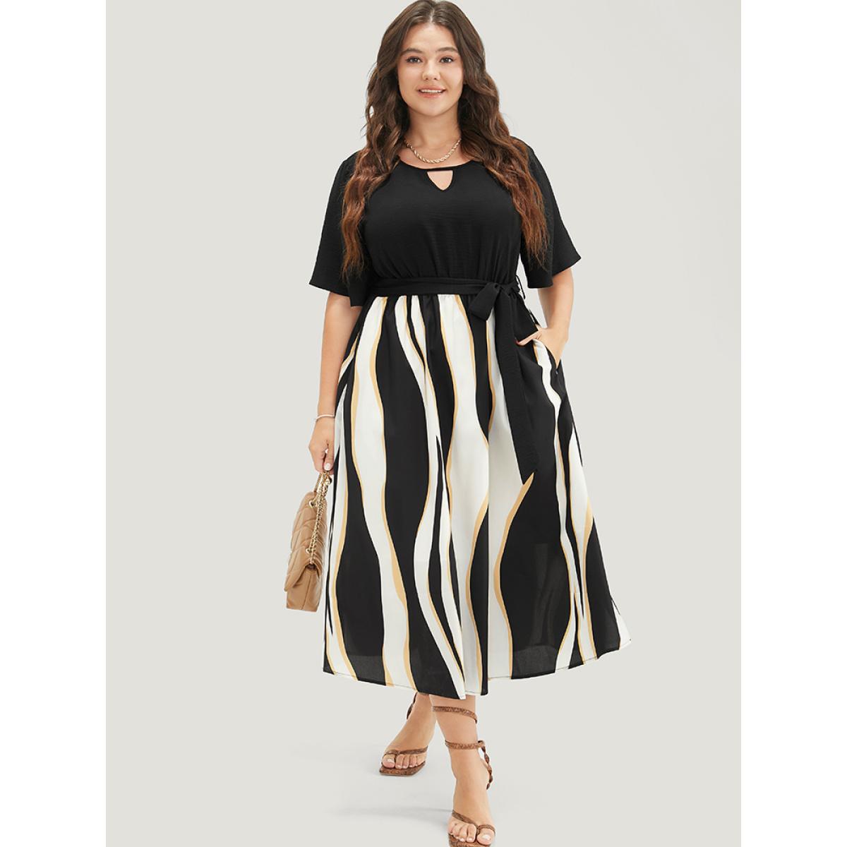 Plus Size Striped Patchwork Ruffle Sleeve Pocket Belted Keyhole Dress Black Women Office Lined Keyhole Cut-Out Short sleeve Curvy Midi Dress BloomChic 26/4X Product Image