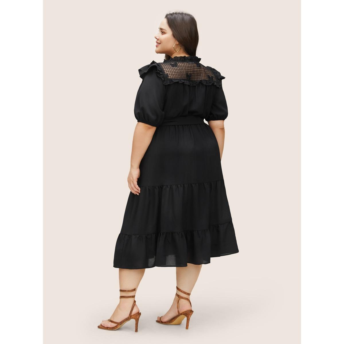 Plus Size Butterfly Patchwork Tie Neck Ruffles Belted Dress Black Women At the Office Non V-neck Short sleeve Curvy Midi Dress BloomChic 14-16/1X Product Image