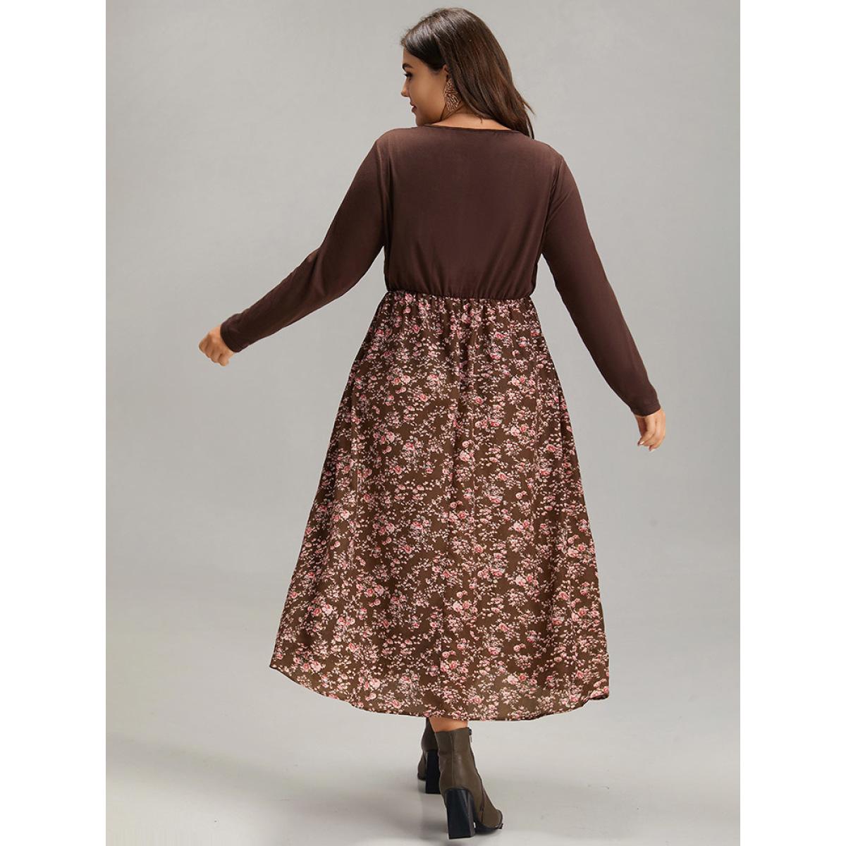 Plus Size Twist Front Ditsy Floral Patchwork Dress DarkBrown Women Elegant Elastic cuffs V-neck Long Sleeve Curvy Midi Dress BloomChic 30/6X Product Image