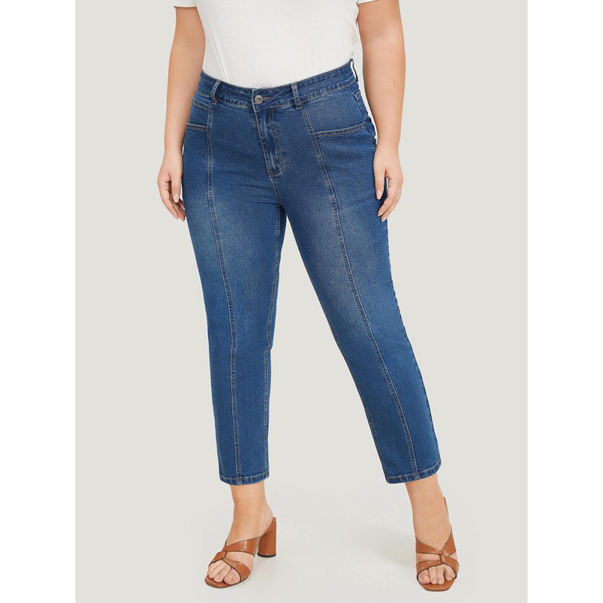 Plus Size Very Stretchy Pocket High Rise Patchwork Jeans Women Blue Casual Plain Embroidered High stretch Pocket Jeans BloomChic 12/L Product Image