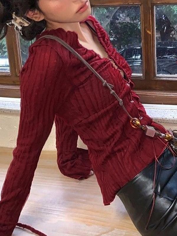 V Neck Pleated Lace Up Long Sleeve Shirt Product Image