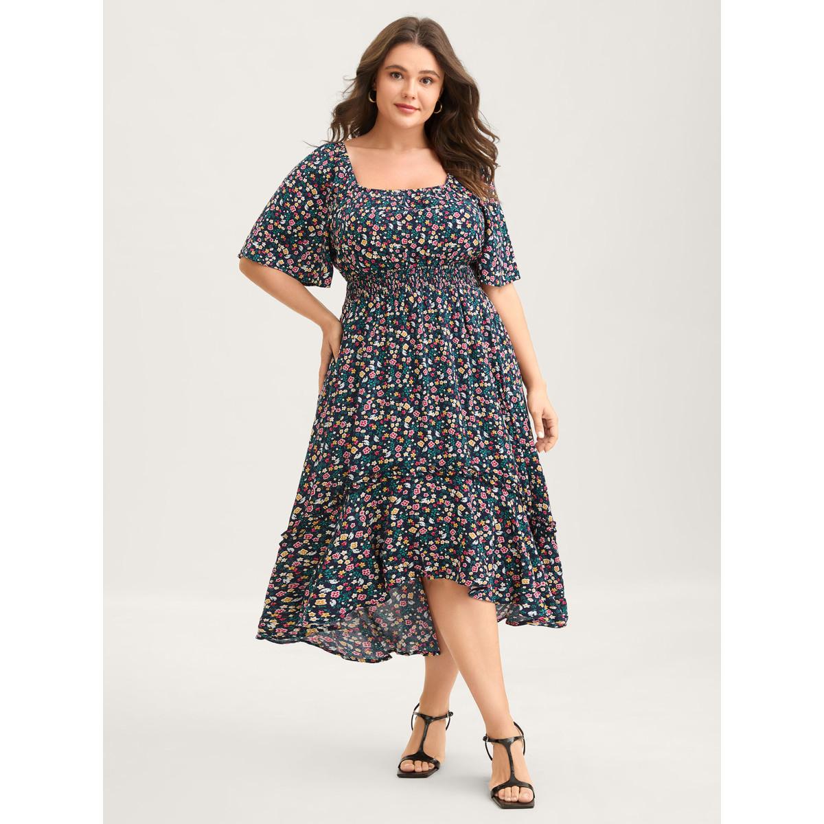 Plus Size Micro Floral Shirred Asymmetrical Midi Dress Navy Women Shirred Square Neck Short sleeve Curvy BloomChic 22-24/3X Product Image