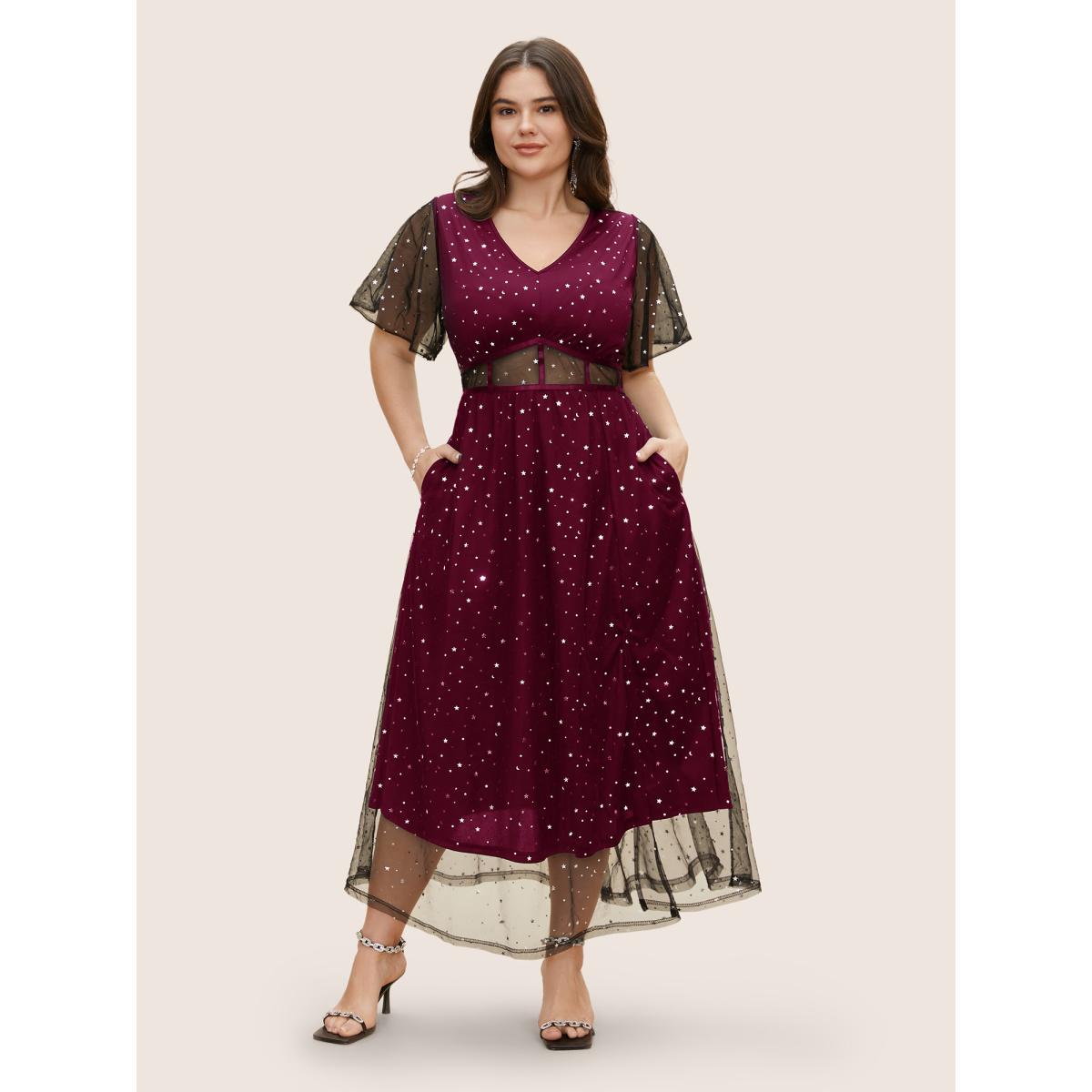 Plus Size Glitter Star Mesh Patchwork Split Hem Dress Burgundy Women Cocktail See through V-neck Short sleeve Curvy BloomChic 30/6X Product Image