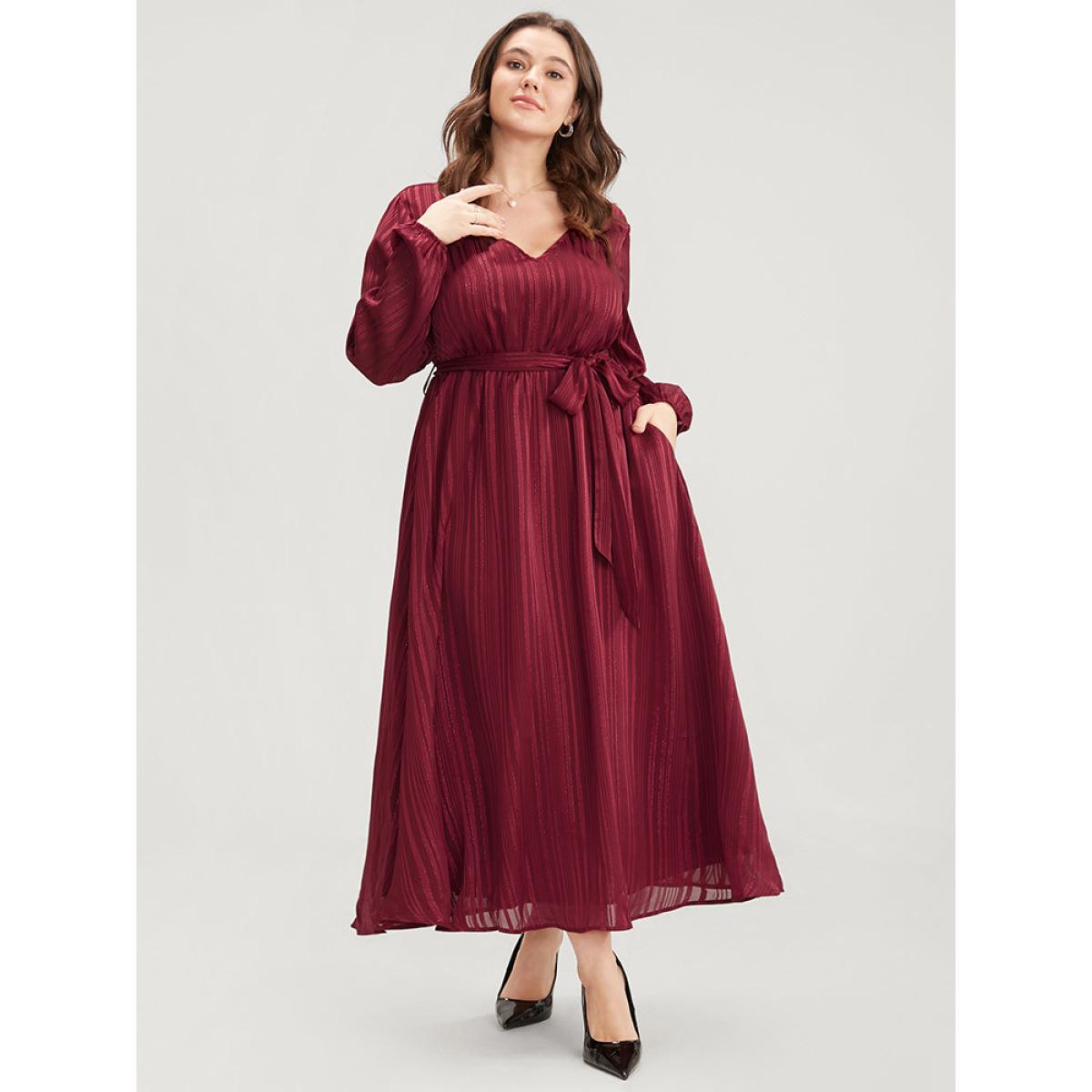 Plus Size Solid Pocket Lantern Sleeve Belted Sequin Dress Burgundy Women Party Pocket V-neck Long Sleeve Curvy Long Dress BloomChic 22-24/3X Product Image