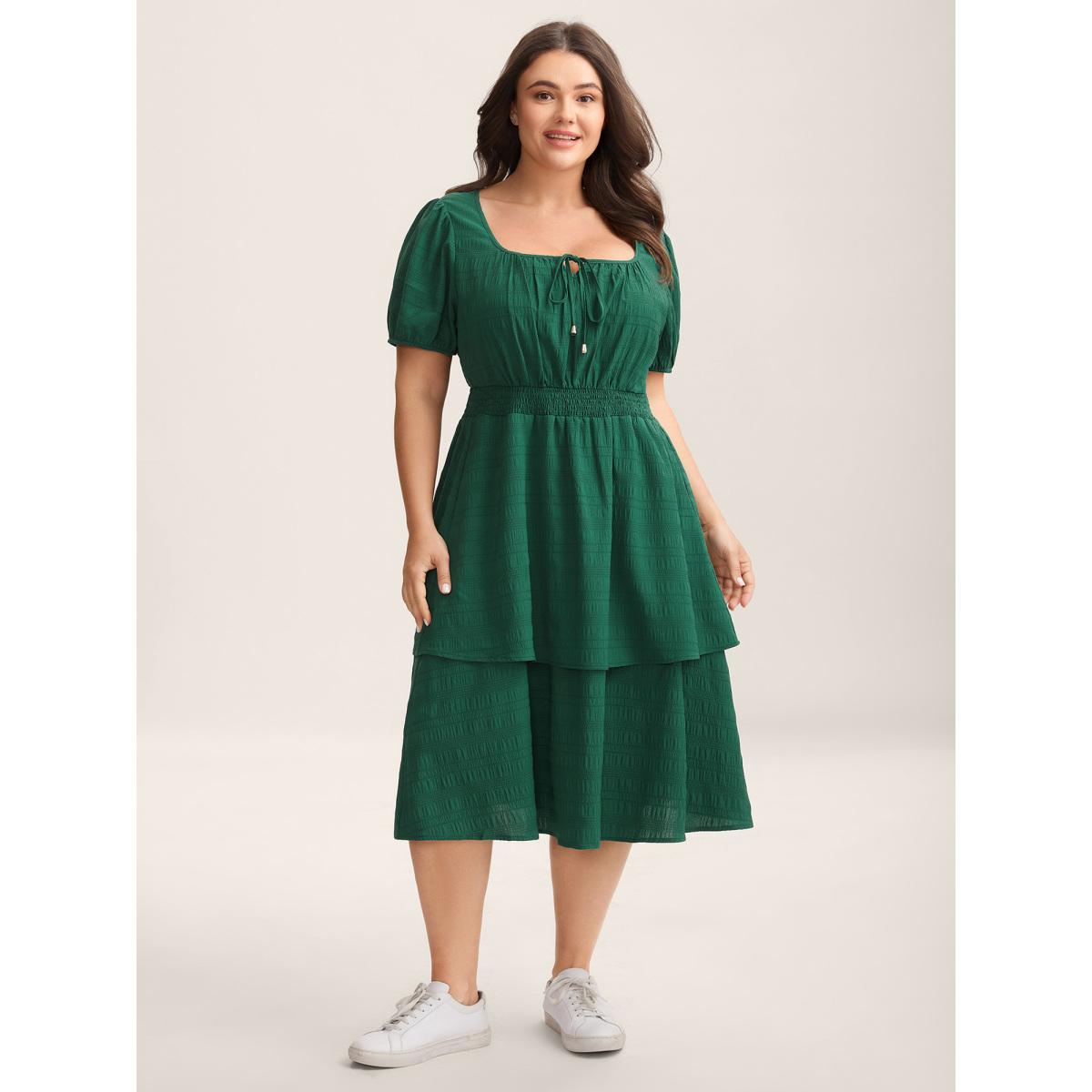 Plus Size Neck Tie Textured Layered Hem Midi Dress DarkGreen Women Square Neck Short sleeve Curvy BloomChic 18-20/2X Product Image