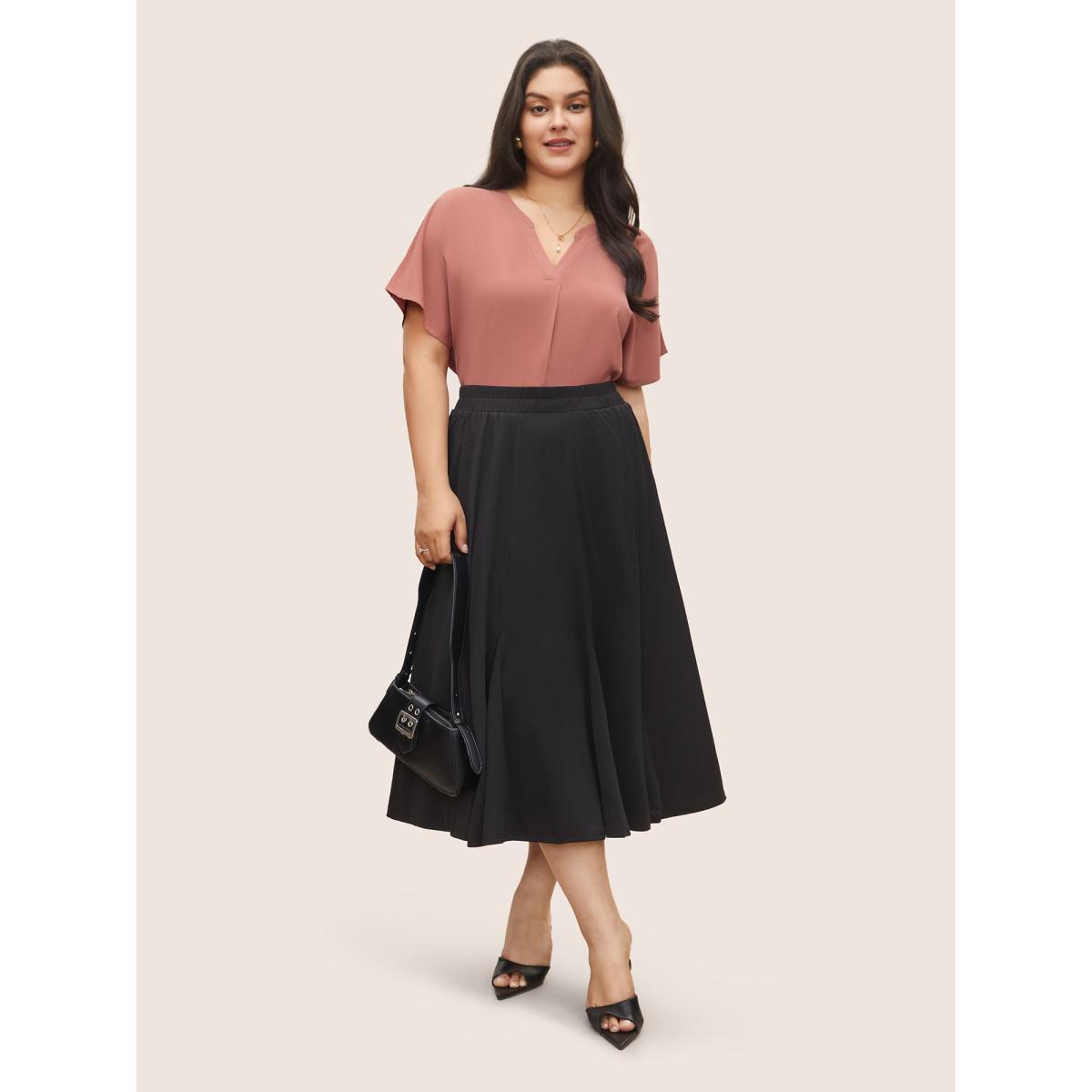 Plus Size DustyPink Plain Pleated Notched Dolman Sleeve Blouse Women Work From Home Short sleeve Notched collar Work Blouses BloomChic 18-20/2X Product Image