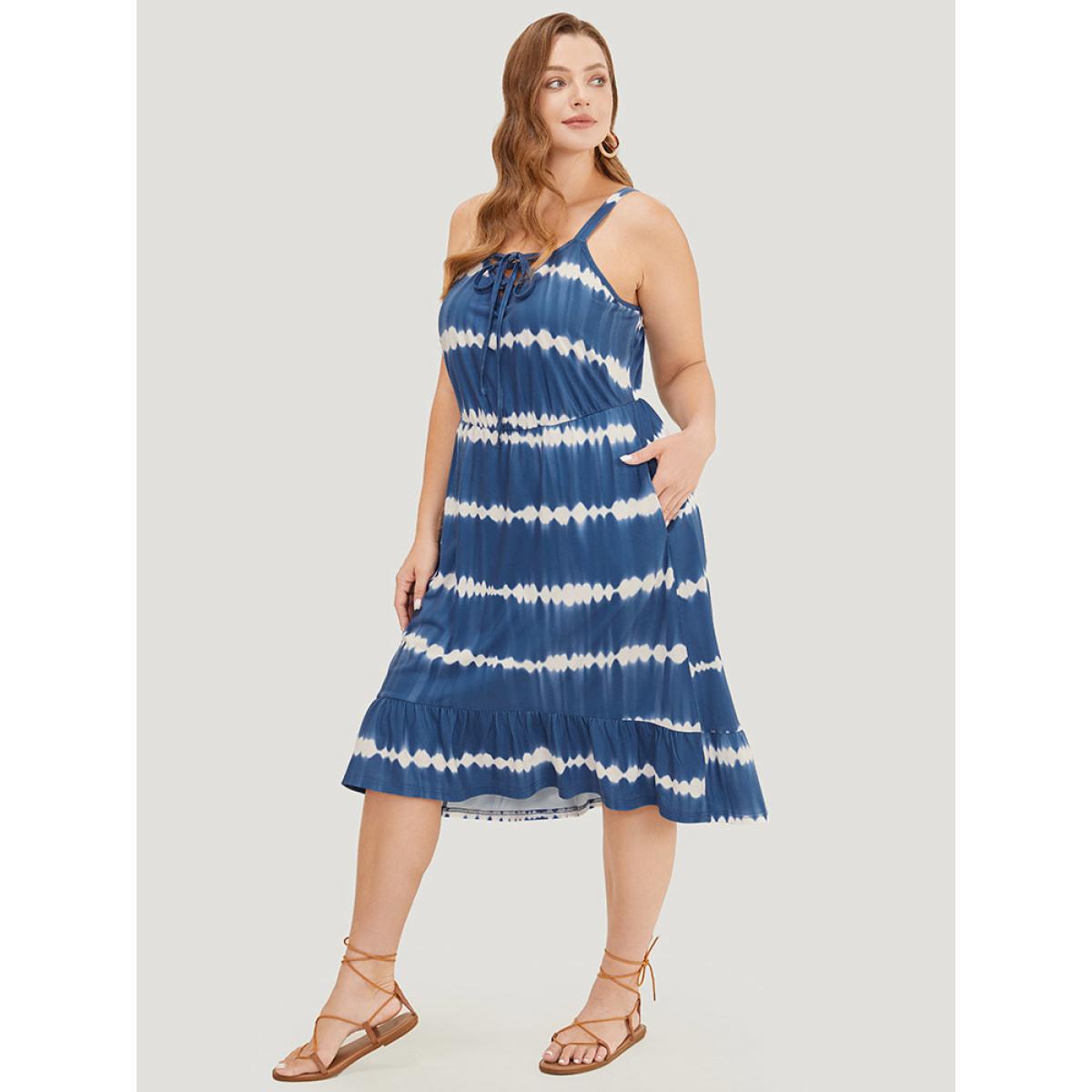 Plus Size Tie Dye Lace Up Pocket Striped Cami Dress Indigo Women Vacation Adjustable Straps Spaghetti Strap Sleeveless Curvy Midi Dress BloomChic 12/L Product Image