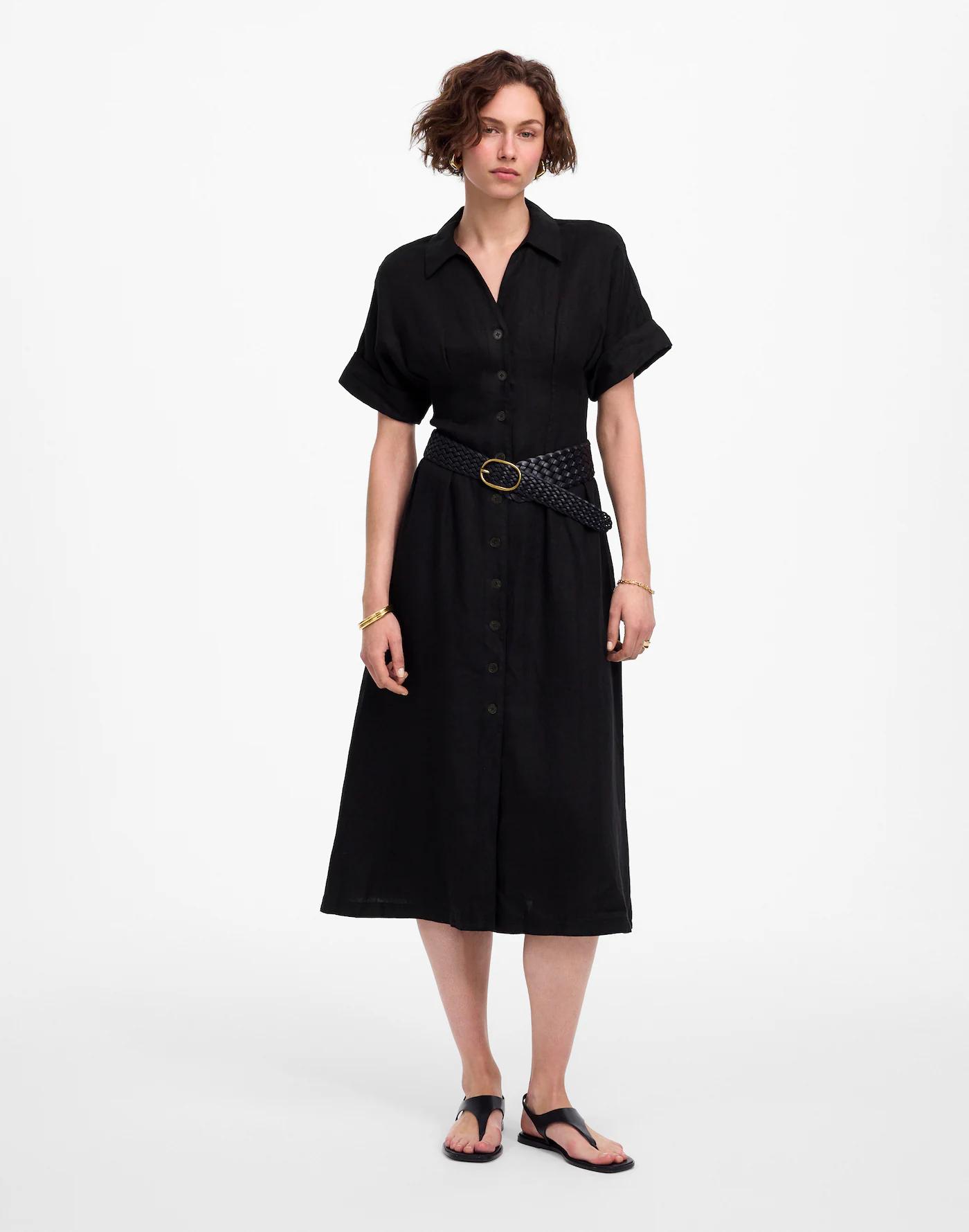 Petite Pleated Button-Front Midi Shirtdress in 100% Linen Product Image