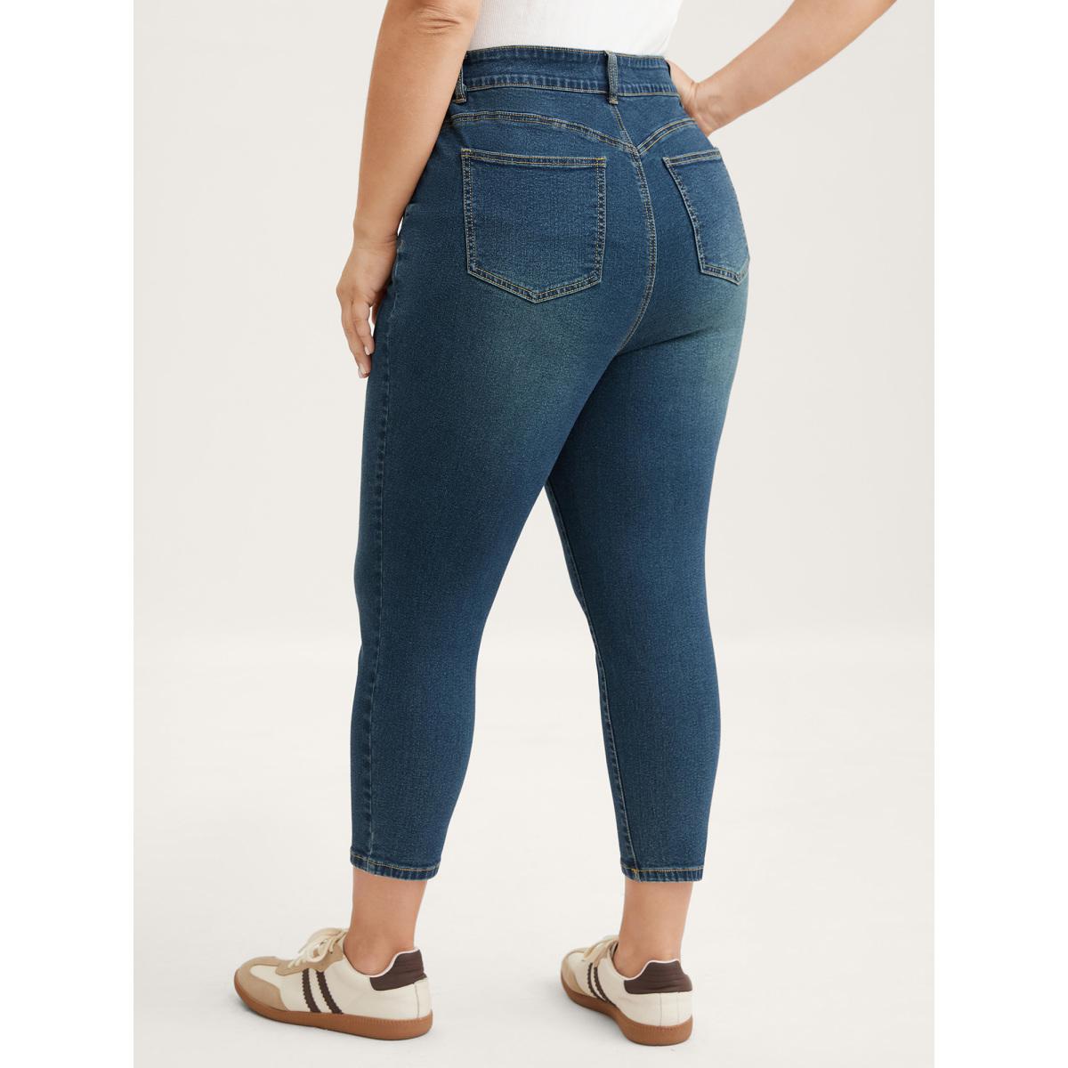 Plus Size Butt Lift Mid-Rise Skinny-Fit Jeans Women Bluevintage Leisure High stretch Slanted pocket Jeans BloomChic 12/L Product Image