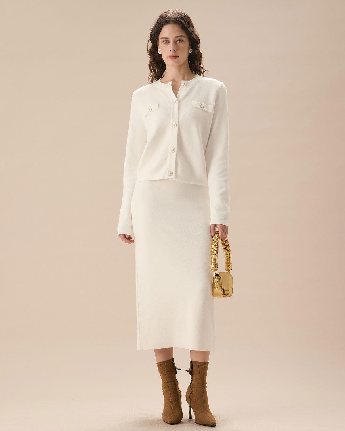 White Elastic Waist Straight Skirt Product Image