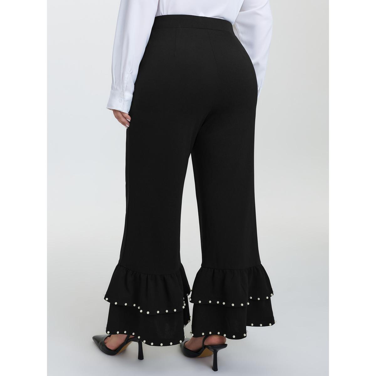 Plus Size Ruffled Beadwork Layered Pants Women Black Romantic Bodycon Mid Rise Elegant Pants BloomChic 12/L Product Image