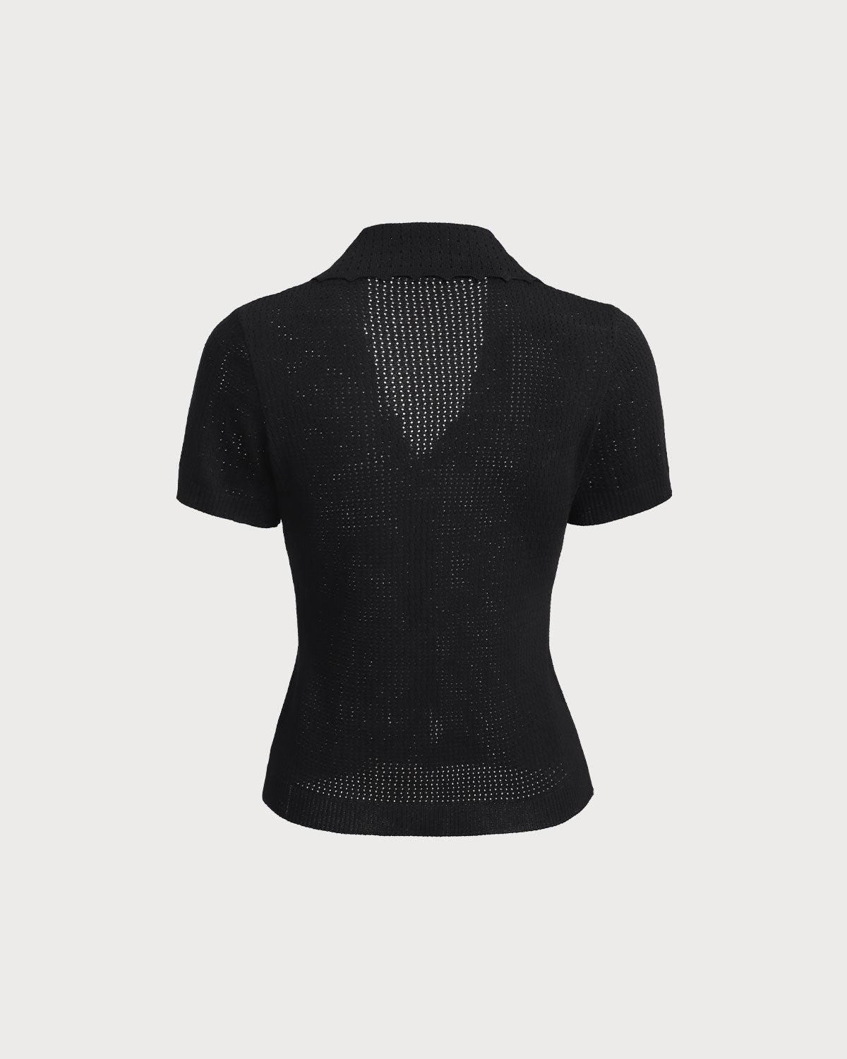 Black V Neck Button Pointelle Knit Tee Product Image
