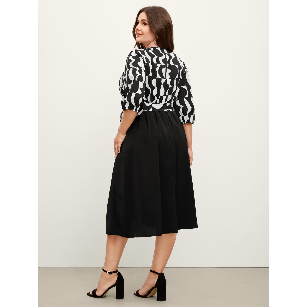 Plus Size Retro Wavy Print Stretchy Waist Midi Dress Black Women Office Overlap Collar Elbow-length sleeve Curvy BloomChic 12/L Product Image