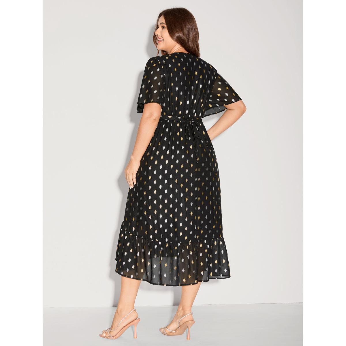 Plus Size Sheer Polka Dots Wrap Midi Dress Black Women Overlap Collar Short sleeve Curvy BloomChic 28/5X Product Image