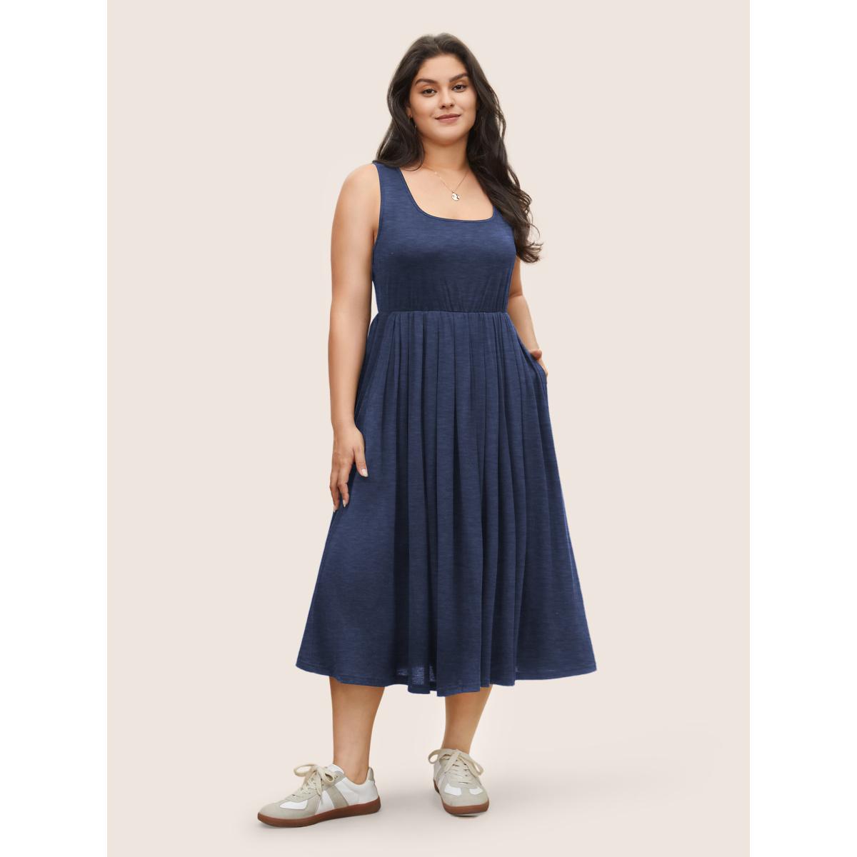 Plus Size Supersoft Essentials Solid Gathered Tank Dress Navy Women Basics Non U-neck Sleeveless Curvy Midi Dress BloomChic 10/M Product Image