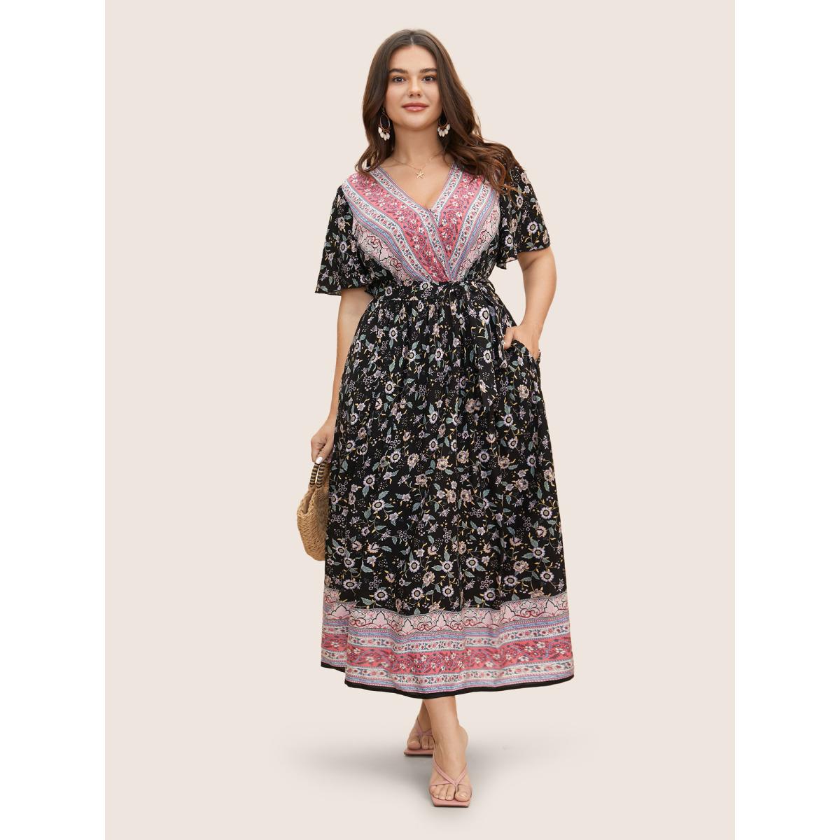 Plus Size Bandana Surplice Neck Pocket Belted Flutter Hem Maxi Dress Midnight Women Resort Non V-neck Short sleeve Curvy Long Dress BloomChic 18-20/2X Product Image