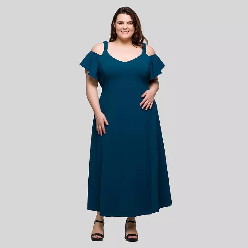 Plus Size 24Seven Comfort Apparel Cold Shoulder Ruffle Sleeve A-Line Maxi Dress, Women's, Size: 2XL, Pink Product Image