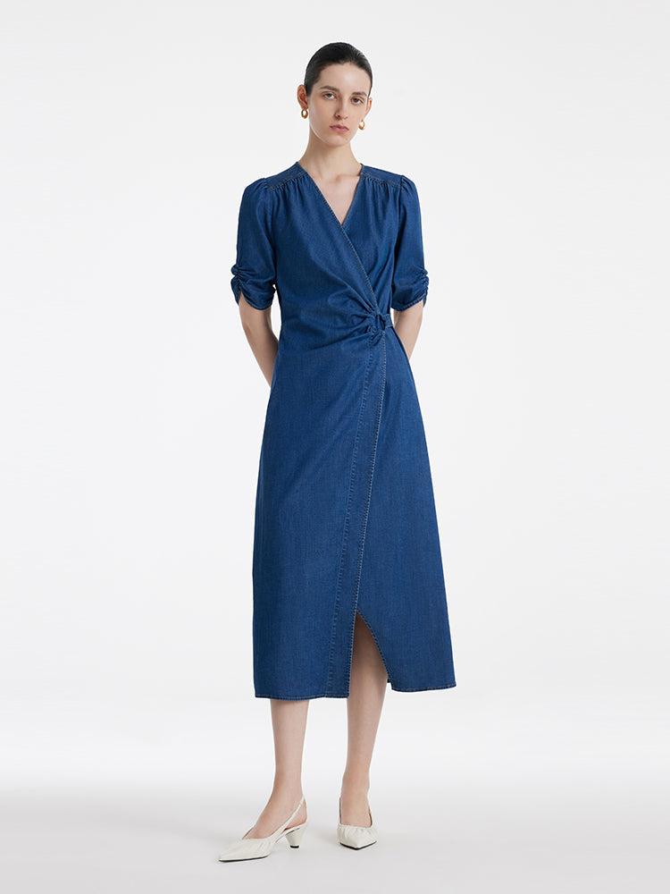 Denim V-Neck Twist Waist Women Midi Dress Product Image