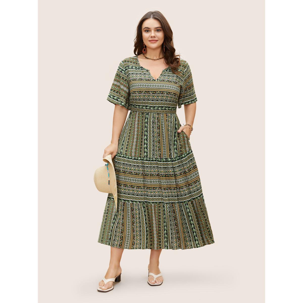 Plus Size Rayon Bandana Print Ruffle Layered Hem Dress Black Women Resort Ruffles Notched collar Short sleeve Curvy BloomChic 18-20/2X Product Image