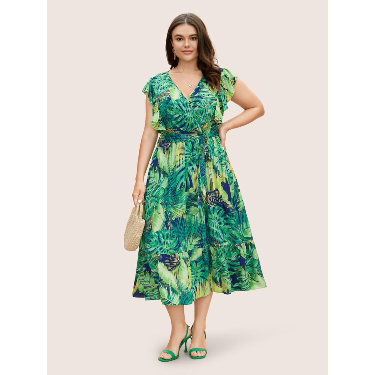 Plus Size Tropical Print Overlap Collar Ruffle Cap Sleeve Dress DarkBlue Women Resort Belted Overlap Collar Cap Sleeve Curvy BloomChic 22-24/3X Product Image