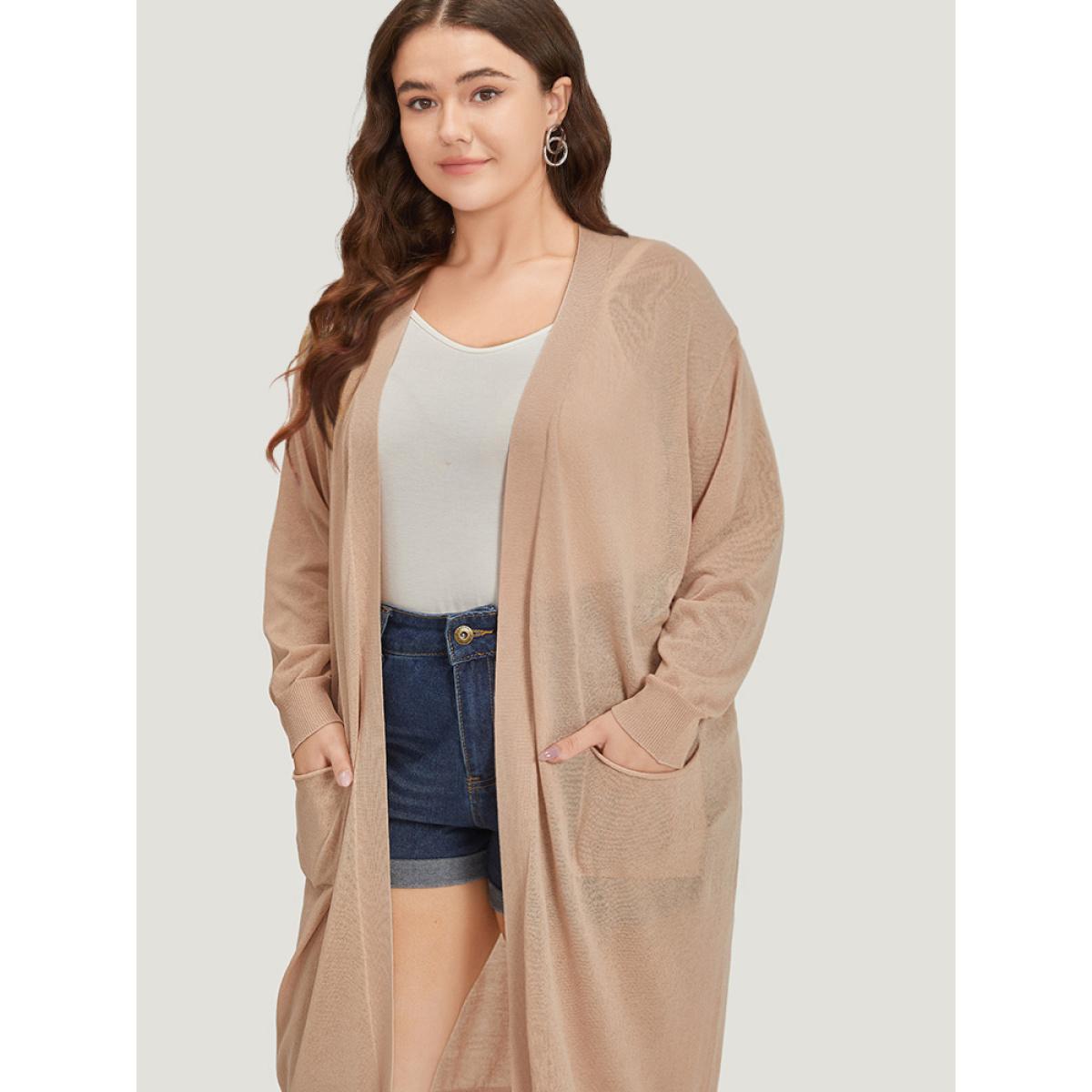 Plus Size Solid Patched Pocket Open Front Breathable Maxi Cardigan Apricot Women Casual Loose Long Sleeve Everyday Cardigans BloomChic 18-20/2X Product Image
