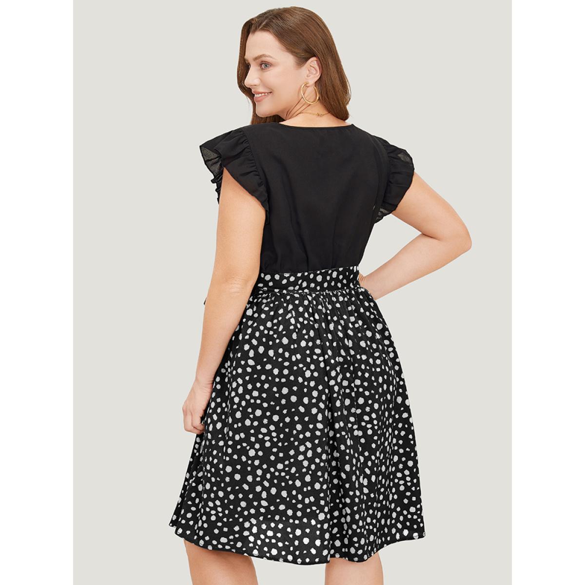 Plus Size Leopard Patchwork Pocket Belt Ruffle Dress Black Women Elegant Belted V-neck Cap Sleeve Curvy Knee Dress BloomChic 18-20/2X Product Image