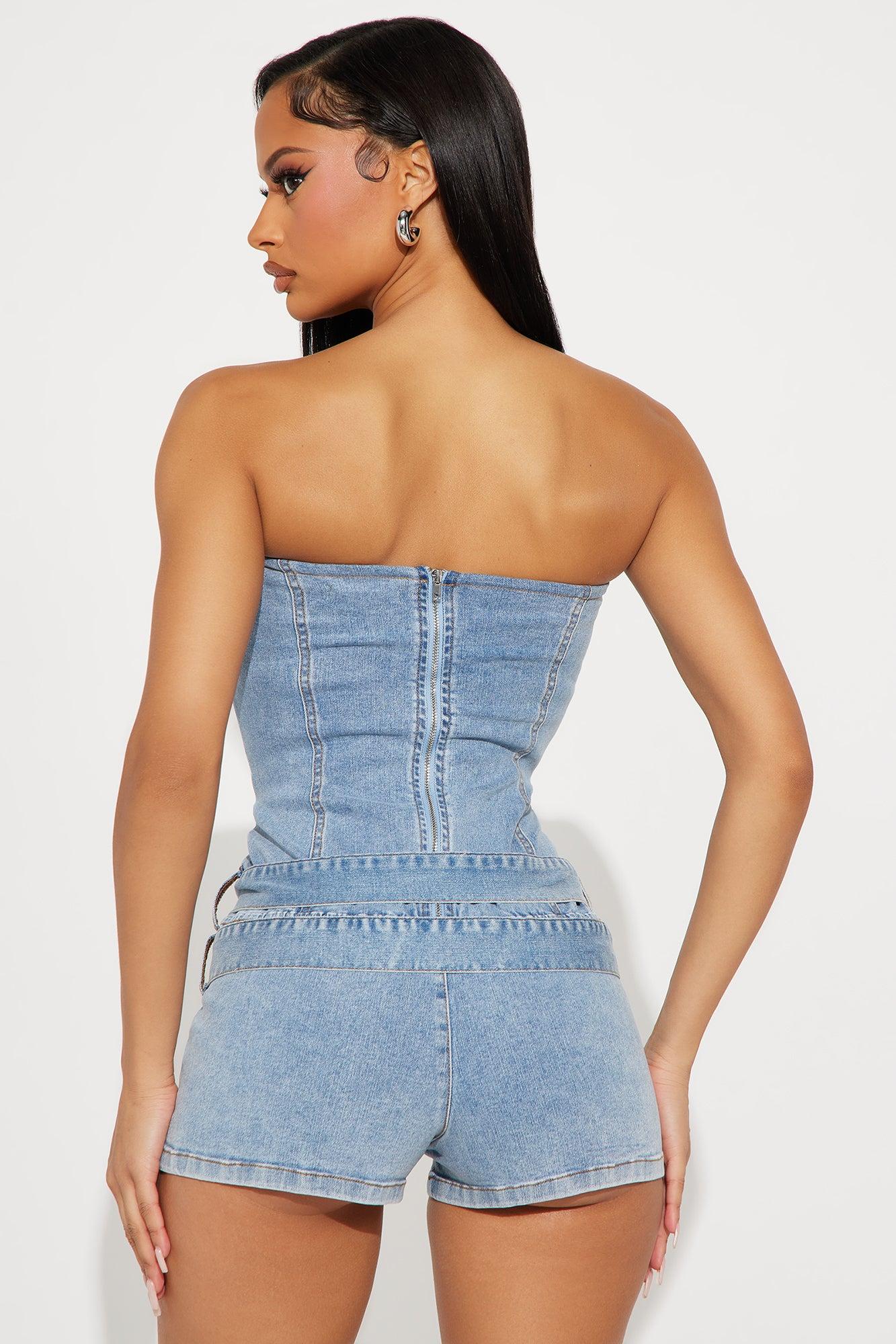 Caught You Looking Denim Romper - Light Wash Female Product Image